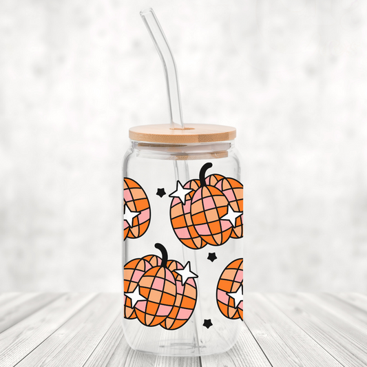 Pumpkin Disco Balls 16oz Glass Can with Bamboo Lid &  Glass Straw