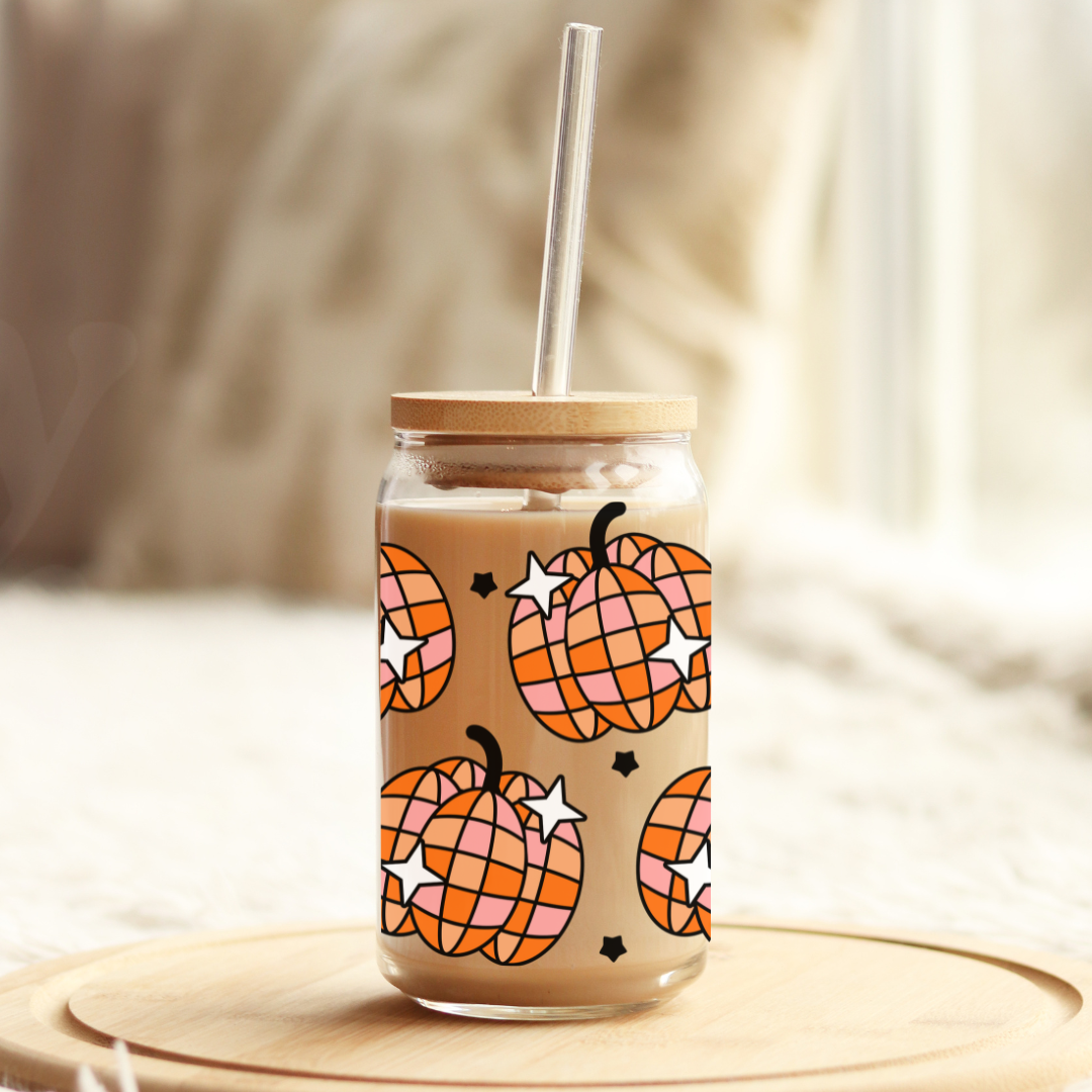 Pumpkin Disco Balls 16oz Glass Can with Bamboo Lid &  Glass Straw