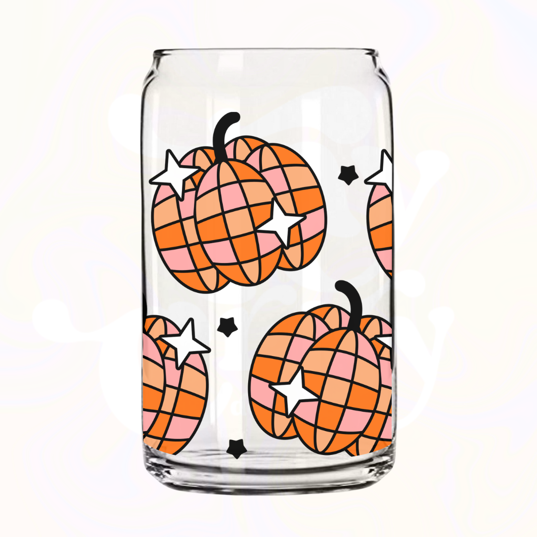 Pumpkin Disco Balls 16oz Glass Can with Bamboo Lid &  Glass Straw