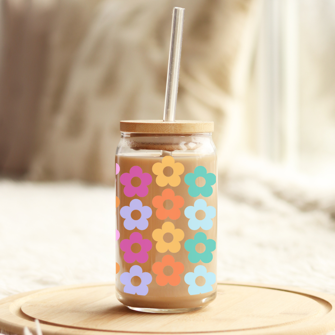 Retro Rainbow Flowers 16oz Glass Can with Bamboo Lid &  Glass Straw