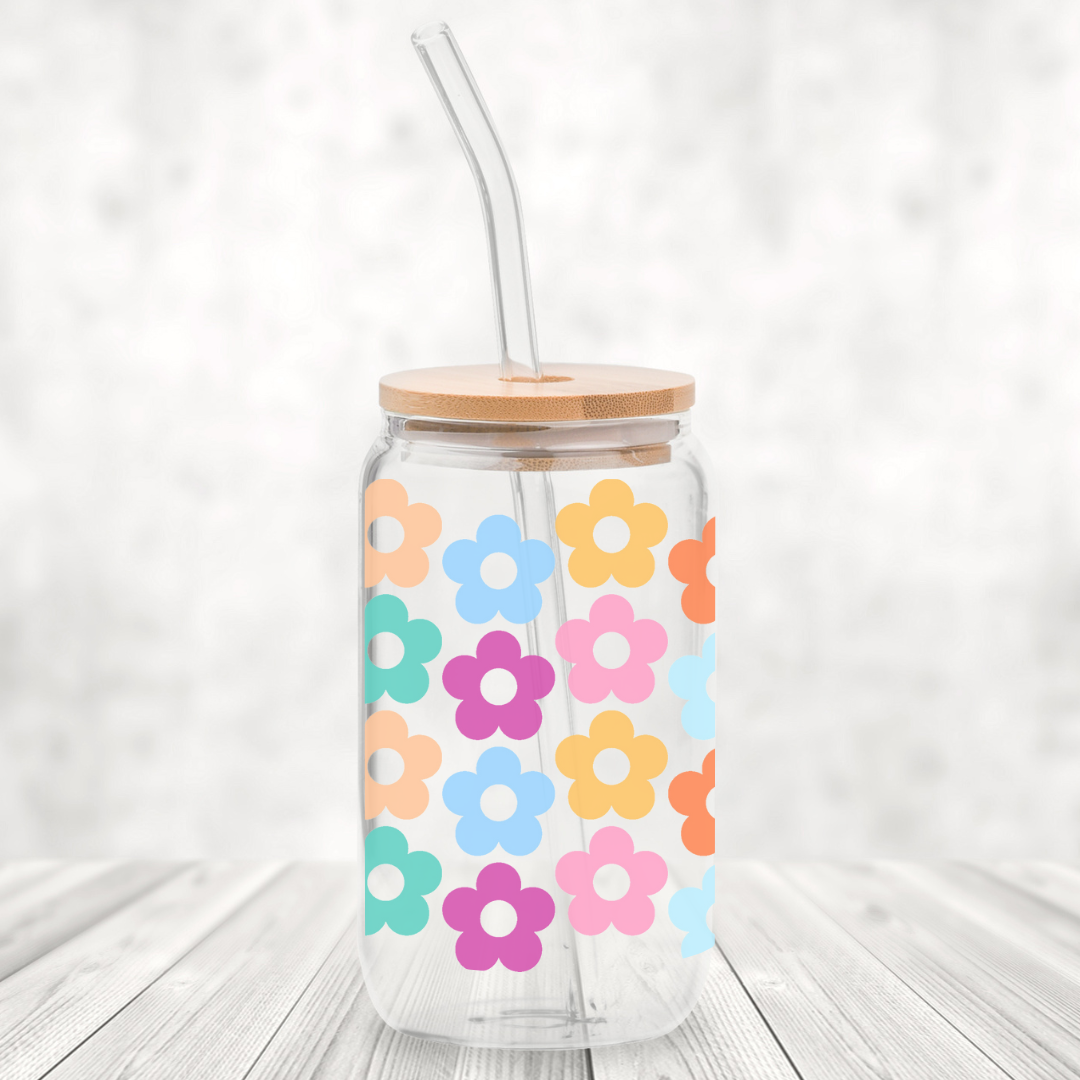 Retro Rainbow Flowers 16oz Glass Can with Bamboo Lid &  Glass Straw