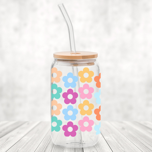 Retro Rainbow Flowers 16oz Glass Can with Bamboo Lid &  Glass Straw