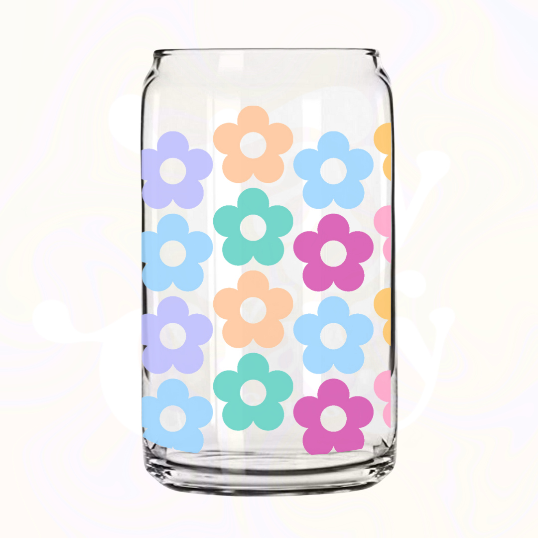 Retro Rainbow Flowers 16oz Glass Can with Bamboo Lid &  Glass Straw