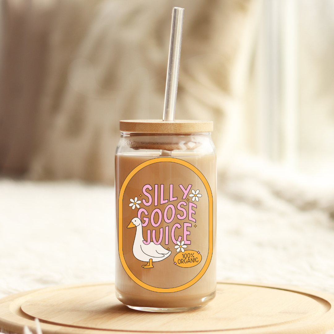 Silly Goose Juice 16oz Glass Can with Bamboo Lid &  Glass Straw