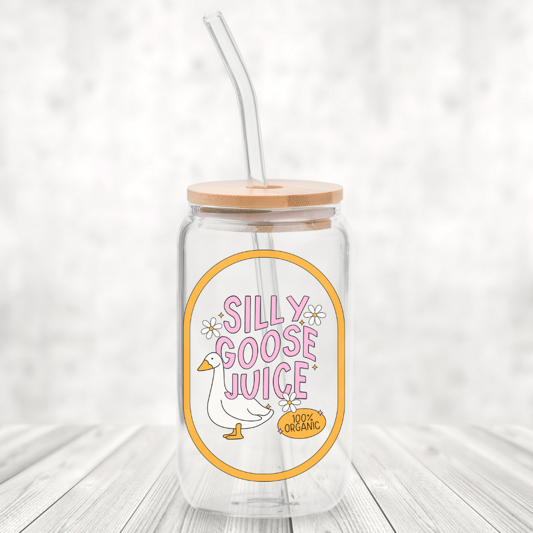 Silly Goose Juice 16oz Glass Can with Bamboo Lid &  Glass Straw