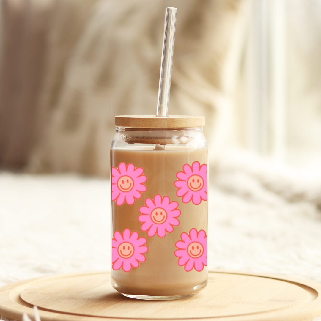 Happy Flower 16 oz Glass Cup with Bamboo Lid & Straw