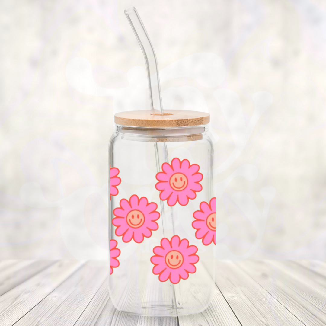 Happy Flower 16 oz Glass Cup with Bamboo Lid & Straw