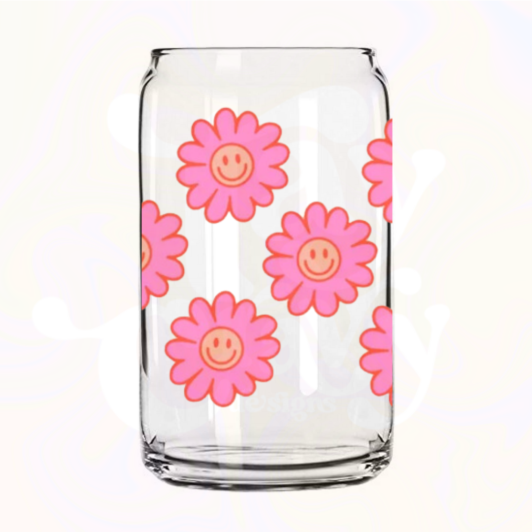 Happy Flower 16 oz Glass Cup with Bamboo Lid & Straw