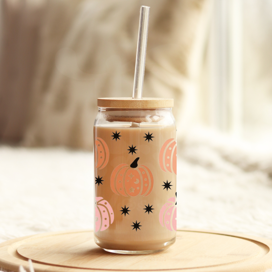 Sparkle Pumpkins 16oz Glass Can with Bamboo Lid &  Glass Straw