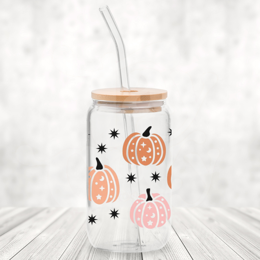 Sparkle Pumpkins 16oz Glass Can with Bamboo Lid &  Glass Straw