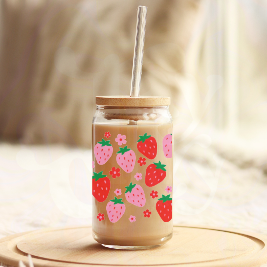 Strawberry 16oz Glass Can with Bamboo Lid &  Glass Straw