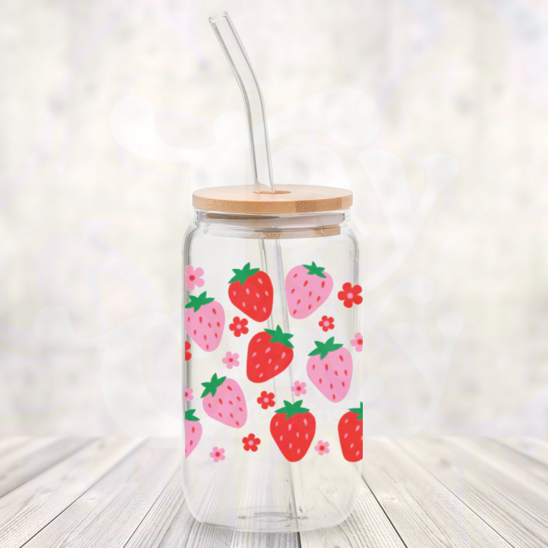 Strawberry 16oz Glass Can with Bamboo Lid &  Glass Straw