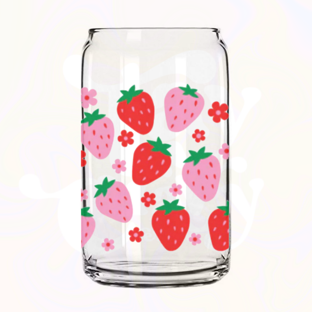 Strawberry 16oz Glass Can with Bamboo Lid &  Glass Straw