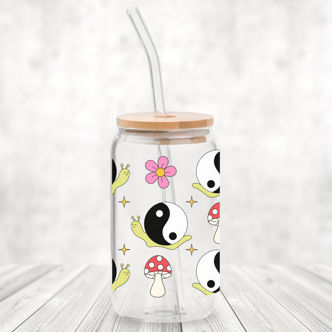 Yin Yang Snails 16oz Glass Can with Bamboo Lid & Glass Straw