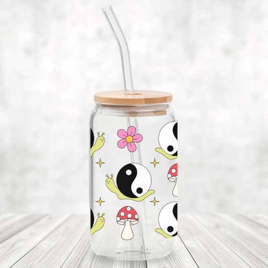 Yin Yang Snails 16oz Glass Can with Bamboo Lid & Glass Straw