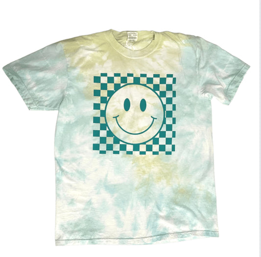 Checkered Happy Face Tie Dye Tee